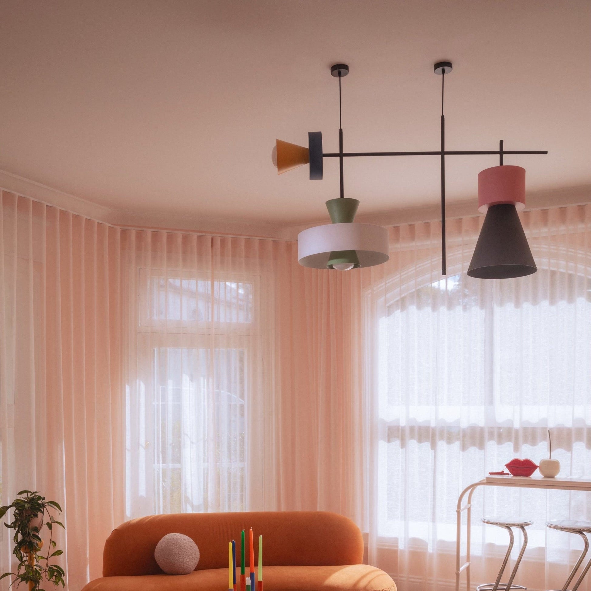 Cambio Shade (from left to right) Shade D Yellow, B Blue, D Green, BL white, D Green, AL Pink and DL Blue on Levia A Pendant 